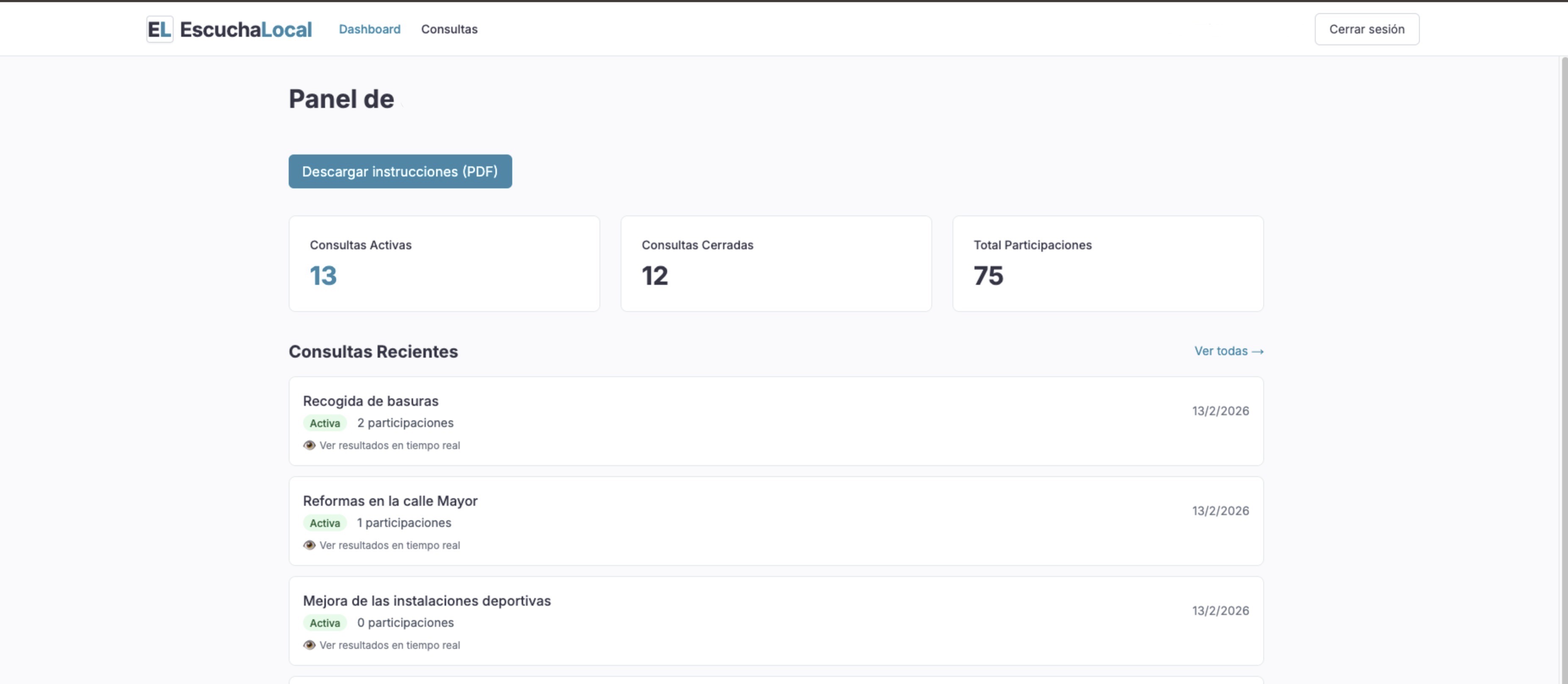 Dashboard del panel municipal con consultas recientes